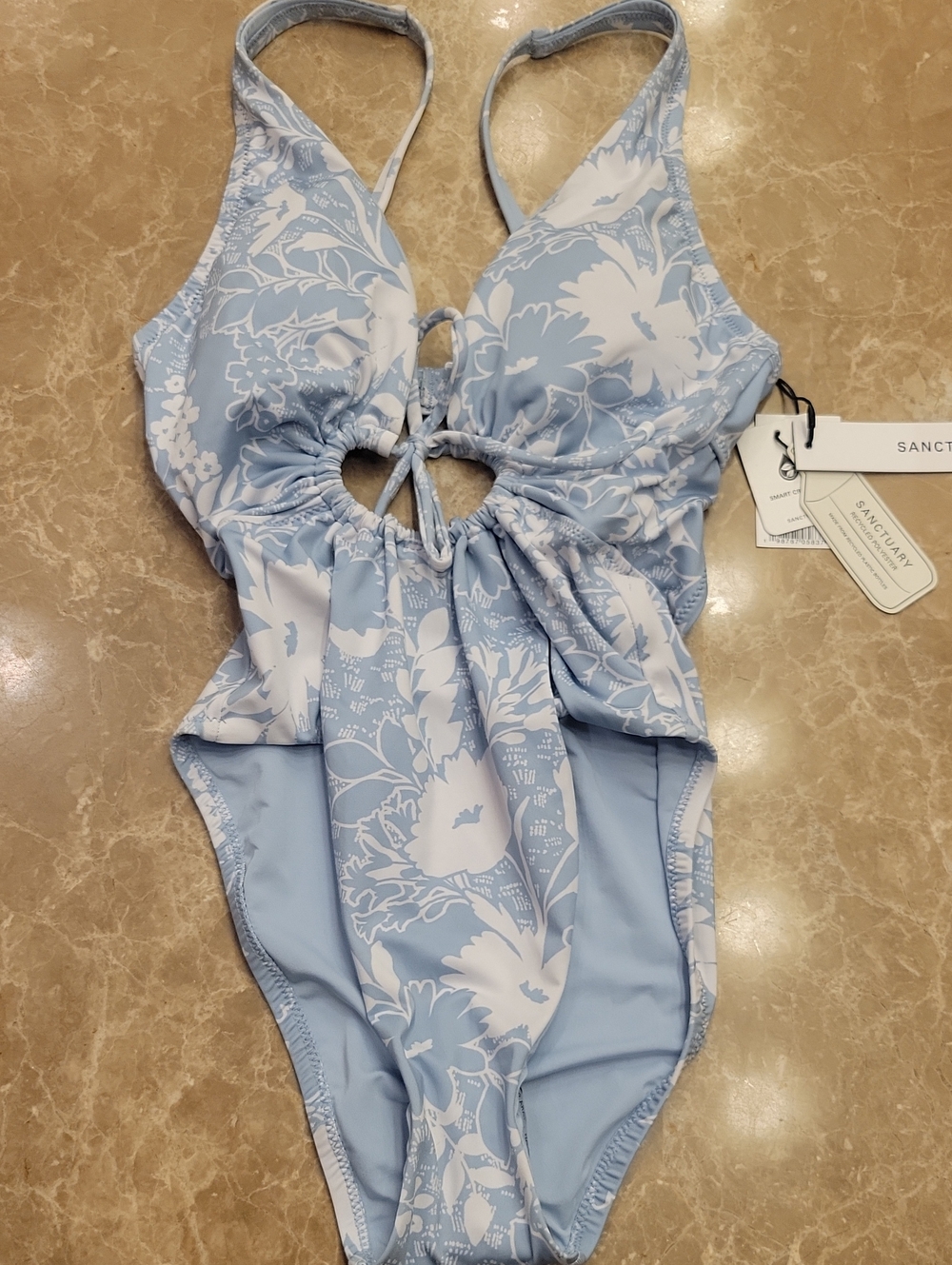 Sanctuary Light Blue & White Floral One-Piece Swimsuit with Front Tie, XS - Picture 12 of 16